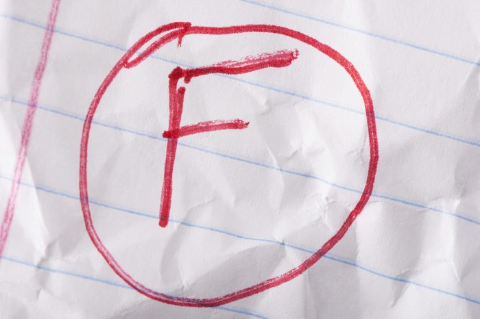"F" grade written in red pen on wrinkled notebook paper.