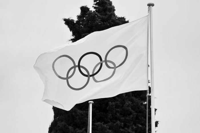 LAUSANNE SEPTEMBER, 19: Olympic flag at Olympic museum in Switzerland in September 19, 2016. The symbol of the Olympic Games was originally designed in 1912 by Baron Pierre de Coubertin.