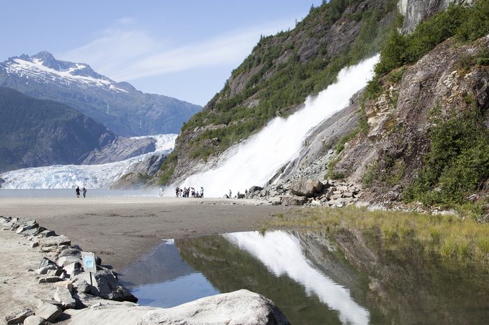 The view of Nugget Fall and Mendenhall Glacier in Mendenhall Glacier Recreation Area (Juneau, Alaska).