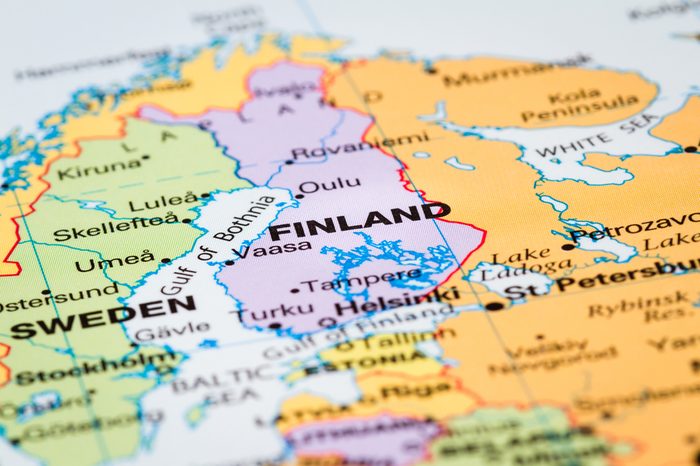 Scandinavia on a world map with Finland in focus