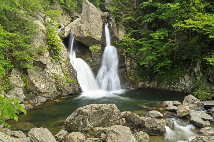 Bash Bish Falls into a green pool - a popular summer swimming hole in the Berkshires, and the tallest waterfalls in Massachusetts.