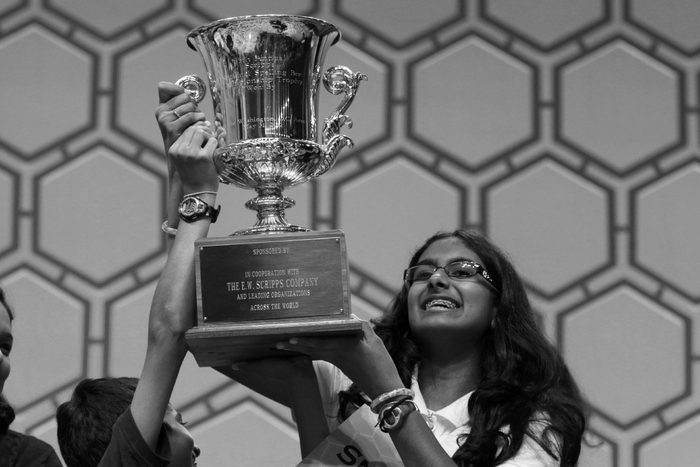 Snigdha Nandipati Snigdha Nandipati, 14, of San Diego, right, and her brother Sujan Nandipati, hoist up her trophy after she won the National Spelling Bee with the word "guetapens" in Oxon Hill, Md., on
