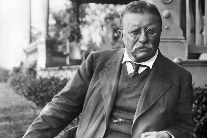 Cove Neck, New York: c. 1907 President Theodore Roosevelt seated in a chair outside his Sagamore Hill home on Long Island.