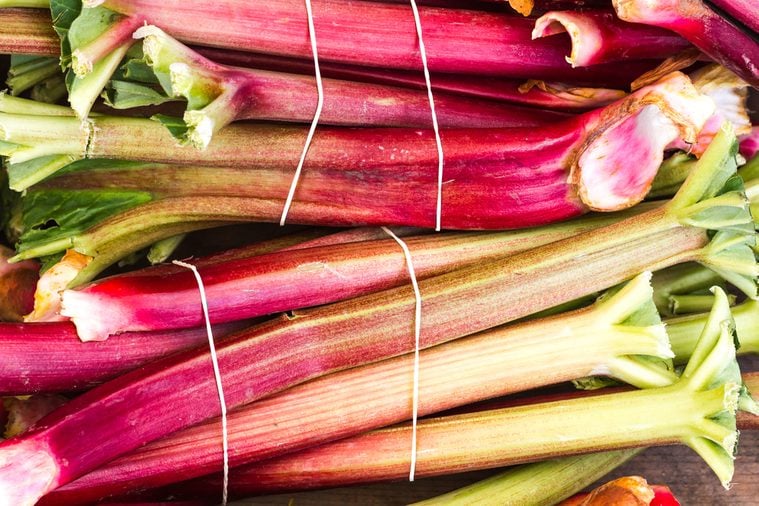 Bunches of organic rhubarb at a farmers market