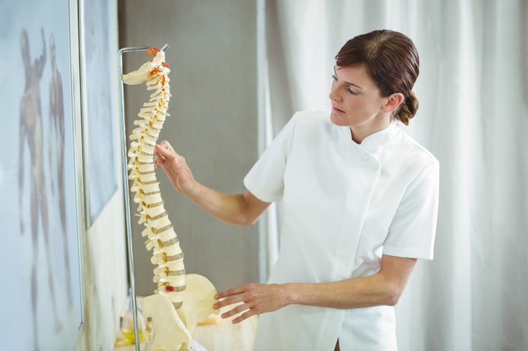 Physiotherapist examining a spine model in the clinic