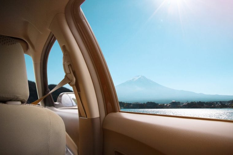 View from window car with landscape lake and Mount fuji in japan sunny