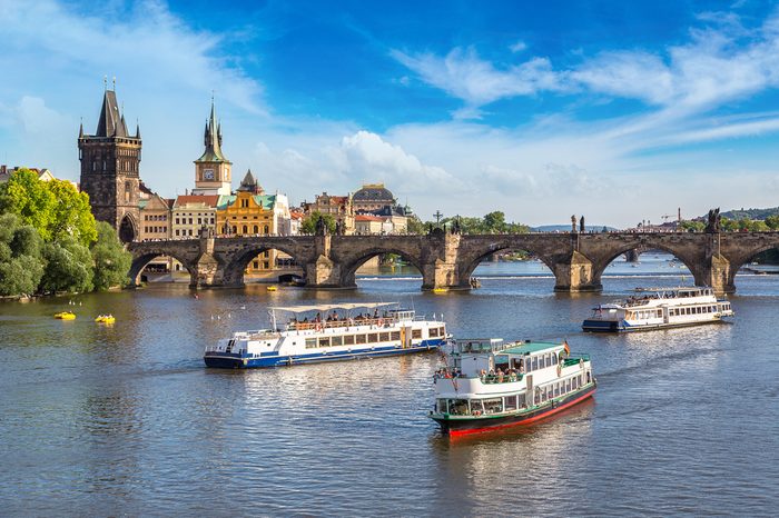 Panoramic view of Charles Bridge in Prague in a beautiful summer day, Czech Republic