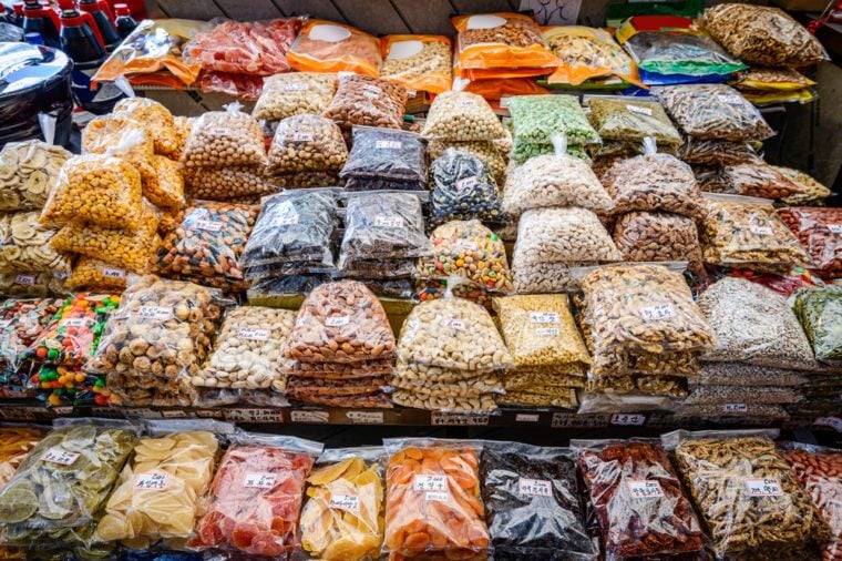 Dried fruits and nuts for sale at Gwangjang Market in Seoul, South Korea.