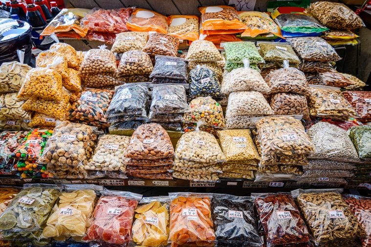 Dried fruits and nuts for sale at Gwangjang Market in Seoul, South Korea.