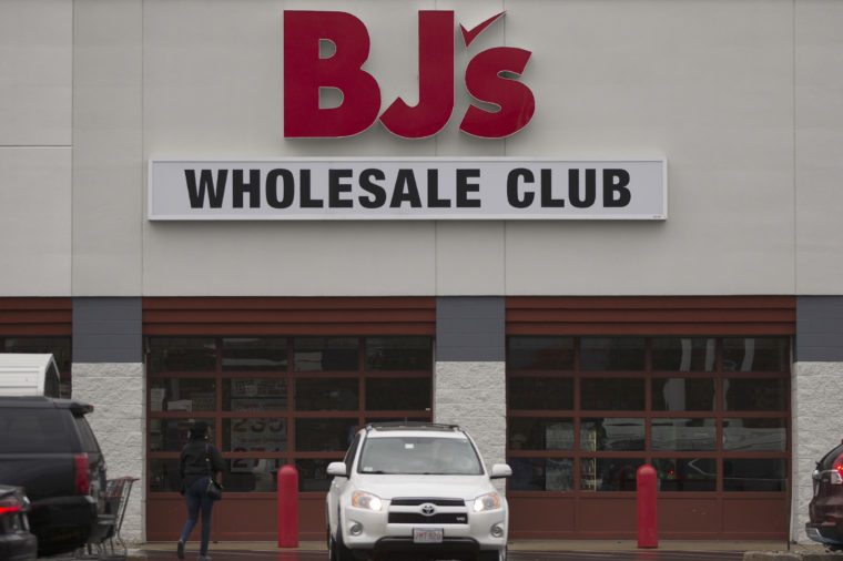 Outside BJ's Wholesale Club in Woburn, Massachusetts, USA 25 October 2017. The warehouse chain, commonly referred to as 'BJ's,' is a membership only food and merchandise store that is based in Westborough, Massachusetts, USA.
