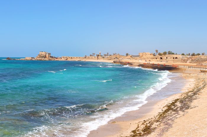Old city of Caesarea and the beautiful Mediterranean sea panoramic view. Caesarea. Israel
