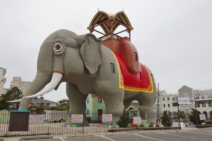 MARGATE, NJ -1 APR 2018- View of Lucy the Elephant, a six-story wooden elephant, a landmark roadside tourist attraction on the U.S. National Register of Historic Places in Margate City, New Jersey.
