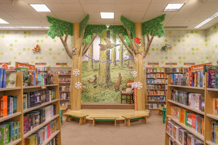 A variety of children's books are placed on the shelves of the Barnes & Noble Bookstore