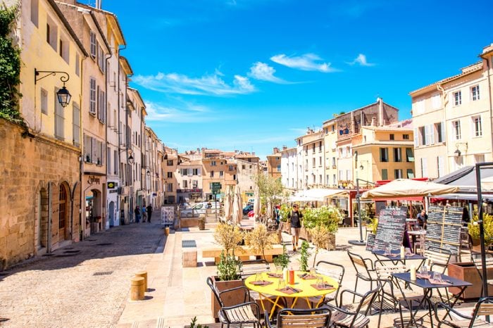 Aix-en-Provence, France - June 20, 2016: Cardeurs square with cafes and restaurants in the old town of Aix-en-Provence city on the south of France.