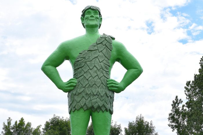 BLUE EARTH, MINNESOTA - JUNE 21, 2017: Jolly Green Giant Statue. The statue is a symbol of the association of the city and the Green Giant Company where peas and corn are still grown and canned.