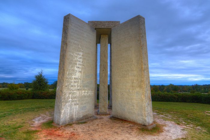 ELBERT, GEORGIA - OCTOBER 12: The Georgia Guidestones, occasionally referred to as "American Stonehenge" October 12, 2011 in Elbert, GA. The inscription is of 10 principles in 8 different langauges.