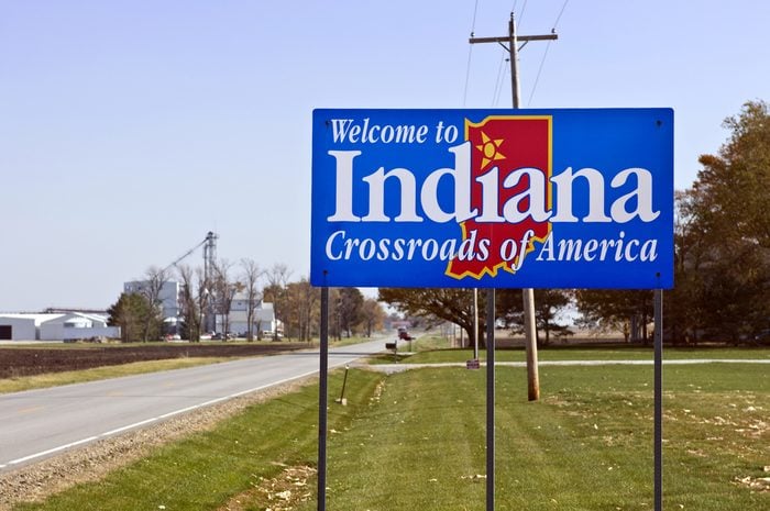 A welcome sign at the Indiana state line