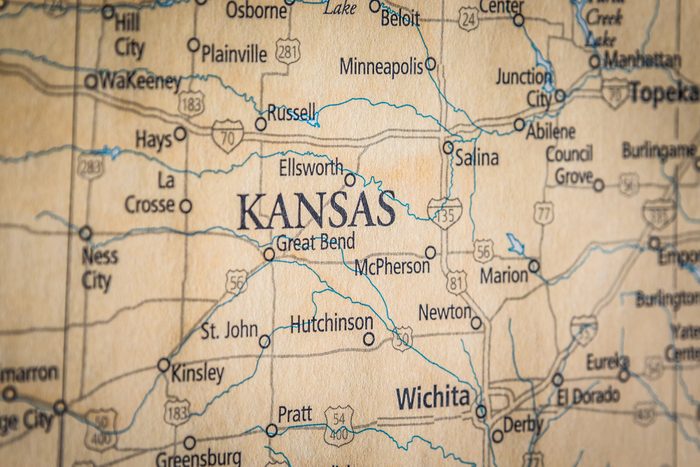 Closeup Selective Focus Of Kansas State On A Geographical And Political State Map Of The USA.