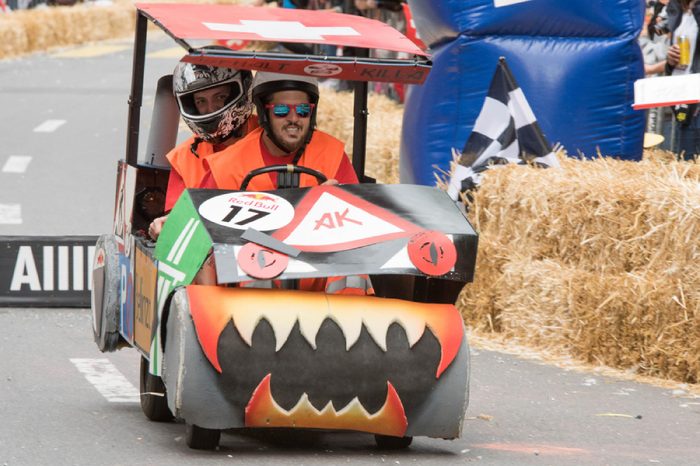 Lausanne, SWITZERLAND - SEPTEMBER 09, 2017 : Running soapboxes in the streets of Lausanne at RED Bull Soap Boxes 2017