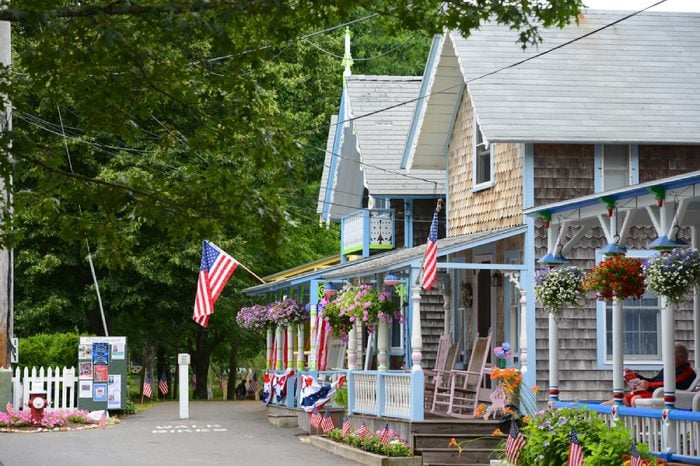 MARTHA'S VINEYARD, MA, USA - JULY. 3, 2015: Carpenter Gothic Cottages with Victorian style, gingerbread trim in Wesleyan Grove, town of Oak Bluffs on Martha's Vineyard, Massachusetts, USA.