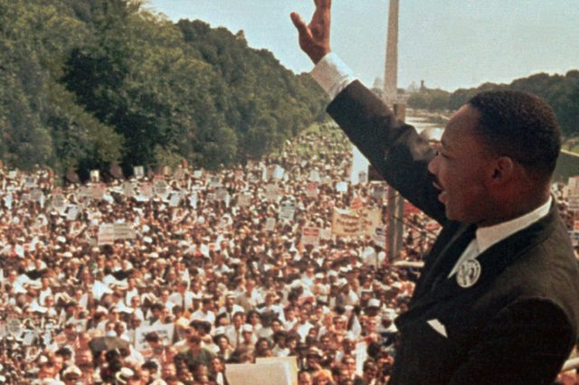Martin Luther King Dr. Martin Luther King Jr. acknowledges the crowd at the Lincoln Memorial for his "I Have a Dream" speech during the March on Washington