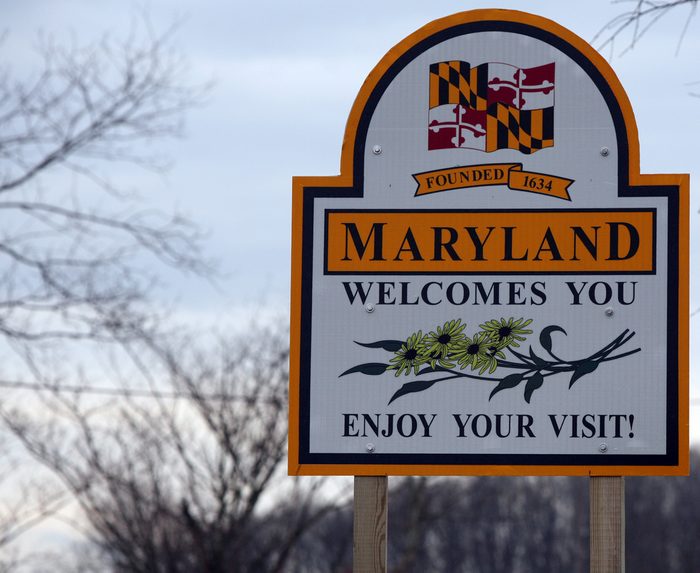 A welcome sign at the Maryland state line.