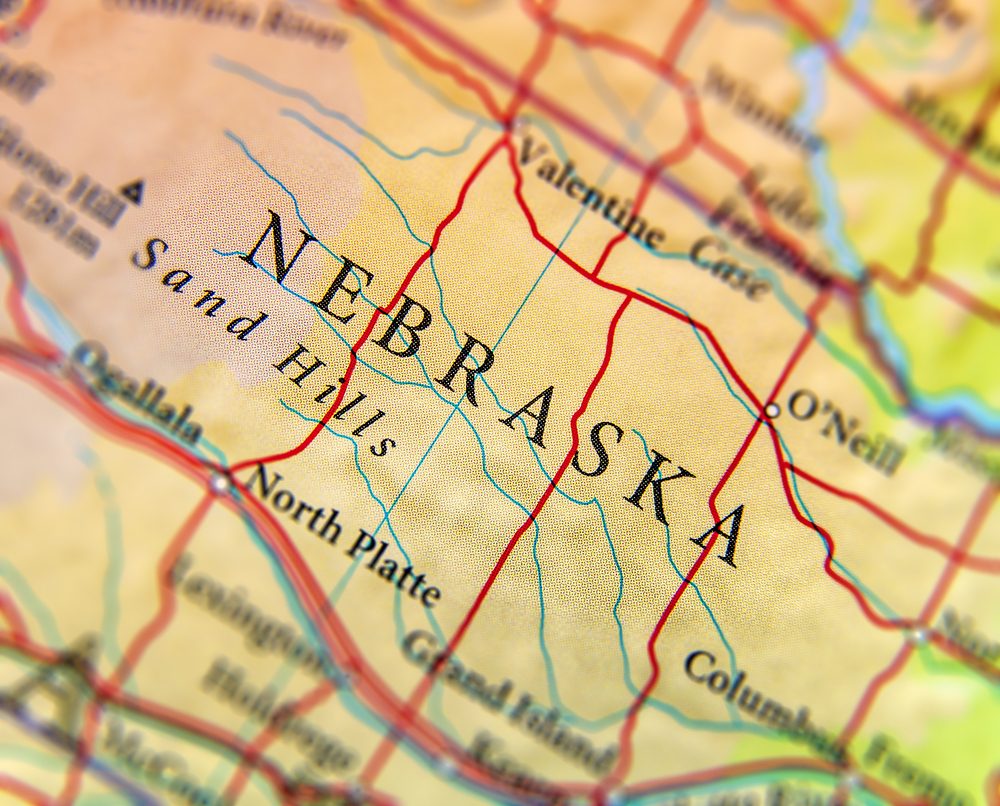 Geographic map of US state Nebraska with important cities