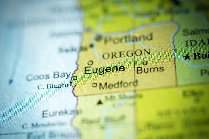 Closeup of Eugene, Oregon on a political map of USA.