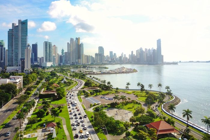  Aerial view of the modern skyline of Panama City , Panama