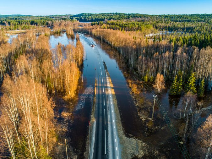 Flooded road aerial view 