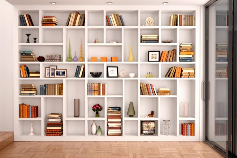 3d illustration of White shelves in the interior with various objects