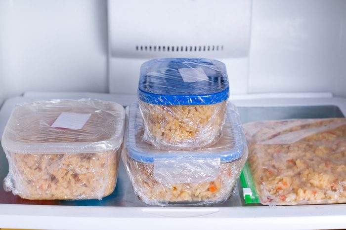 Meal prep in containers in the refrigerator ready to be frozen for later use.
