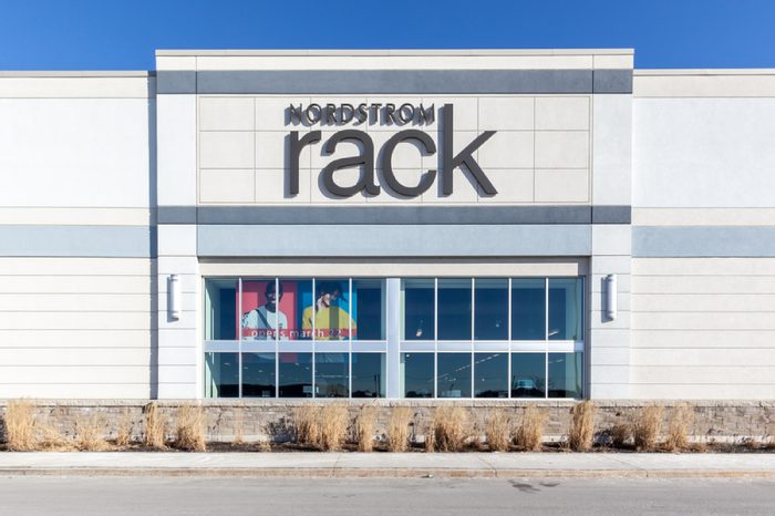 Vaughan, Ontario, Canada - March 17, 2018: exterior view of Nordstrom Rack sign at Vaughan Mills mall near Toronto. Nordstrom Rack is a fashion retailer based in the United States.