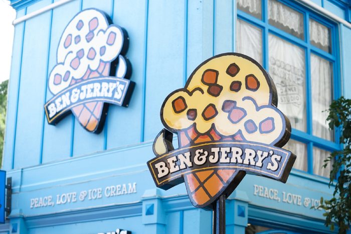 Gold coast, AUS - Apr18, 2018 : Ben & Jerry's ice cream shop in Movie World's Gold Coast. In 2013, Ben&Jerry's committed to make their products GMO-free supporting mandatory GMO labeling legislation.