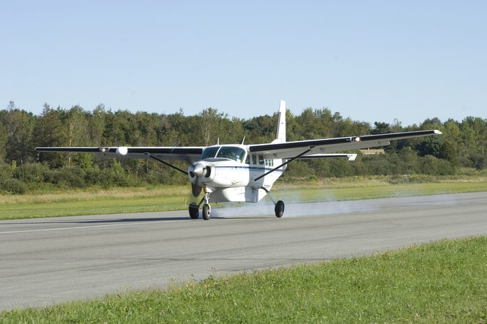 Small cargo plane landing at Owl's Head airport, Maine