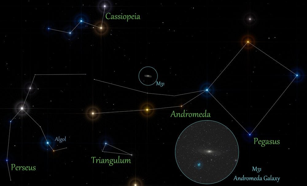 illustration of autumnal constellations and andromeda galaxy location