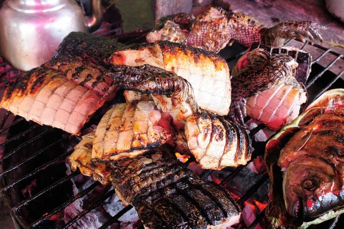 South America, Fried meat from the crocodile on the market in the Iquitos major city in Amazonia, Peru
