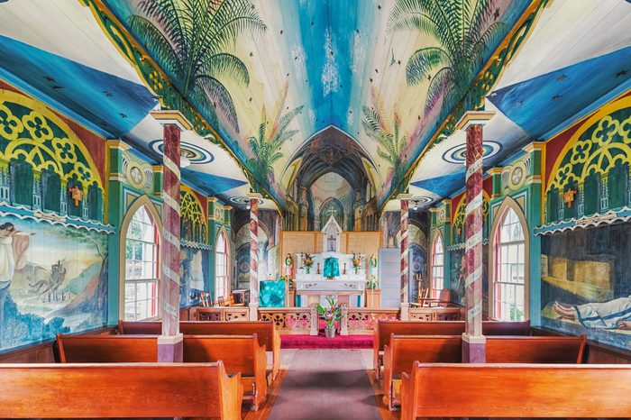 Overlooking Kealakekua Bay is St. Benedict Painted Church historical site on Big Island of Hawaii.