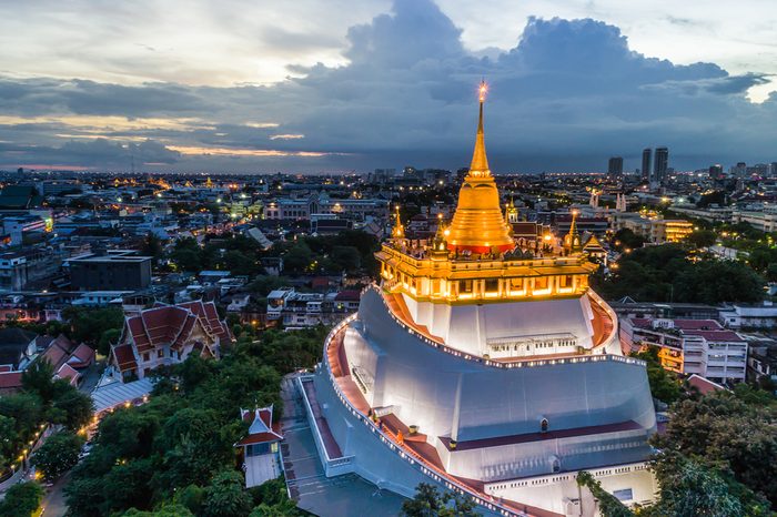 The Golden Mountain Pagoda, the famous temple in Thailand. Aerial Photography