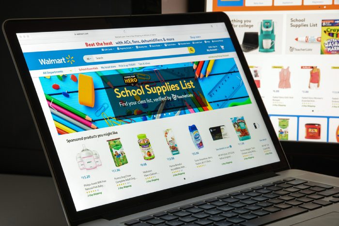 Walmart website homepage. It is an American multinational retailing corporation that operates as a chain of hypermarkets. Walmart logo visible.
