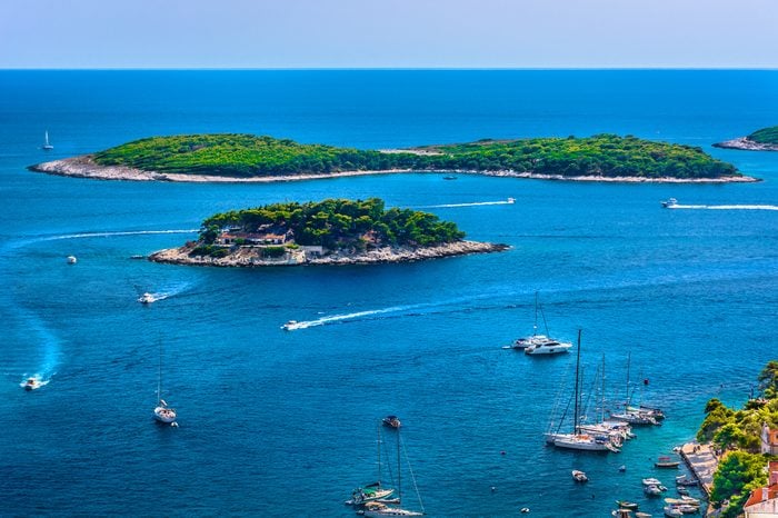 Aerial seascape of famous sailing destination in Croatia, Island Hvar summer scenery in Europe, Mediterranean.