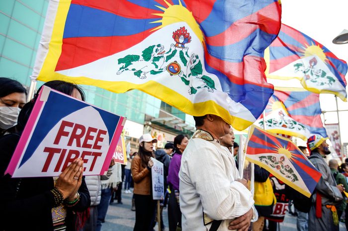 Tibetan exiles and supporters shout slogans as they march at a street during a protest in Taipei, Taiwan, 10 March 2018 to mark 59 years of exile of the Dalai Lama in India. The marchers demand China allow freedom of religion in Tibet and allow the Dalai Lama and Tibetan exiles to return home. The Dalai Lama fled Tibet to India in March 1959 following a failed uprising against Chinese troops. He has been living in Dharamsala, northern India, where the Tibetan government-in-exile is based.