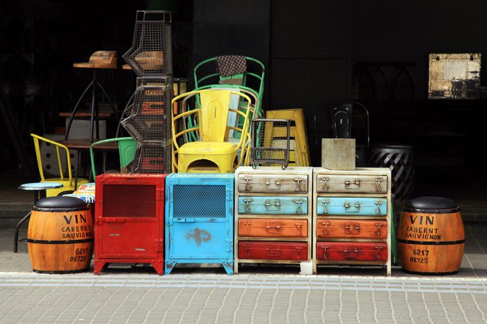 Vintage furniture and other staff at entry to shop at Jaffa flea market district in Tel Aviv-Jaffa, Israel.