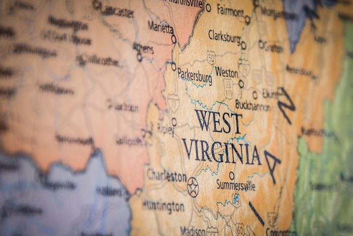 Closeup Selective Focus Of West Virginia State On A Geographical And Political State Map Of The USA.