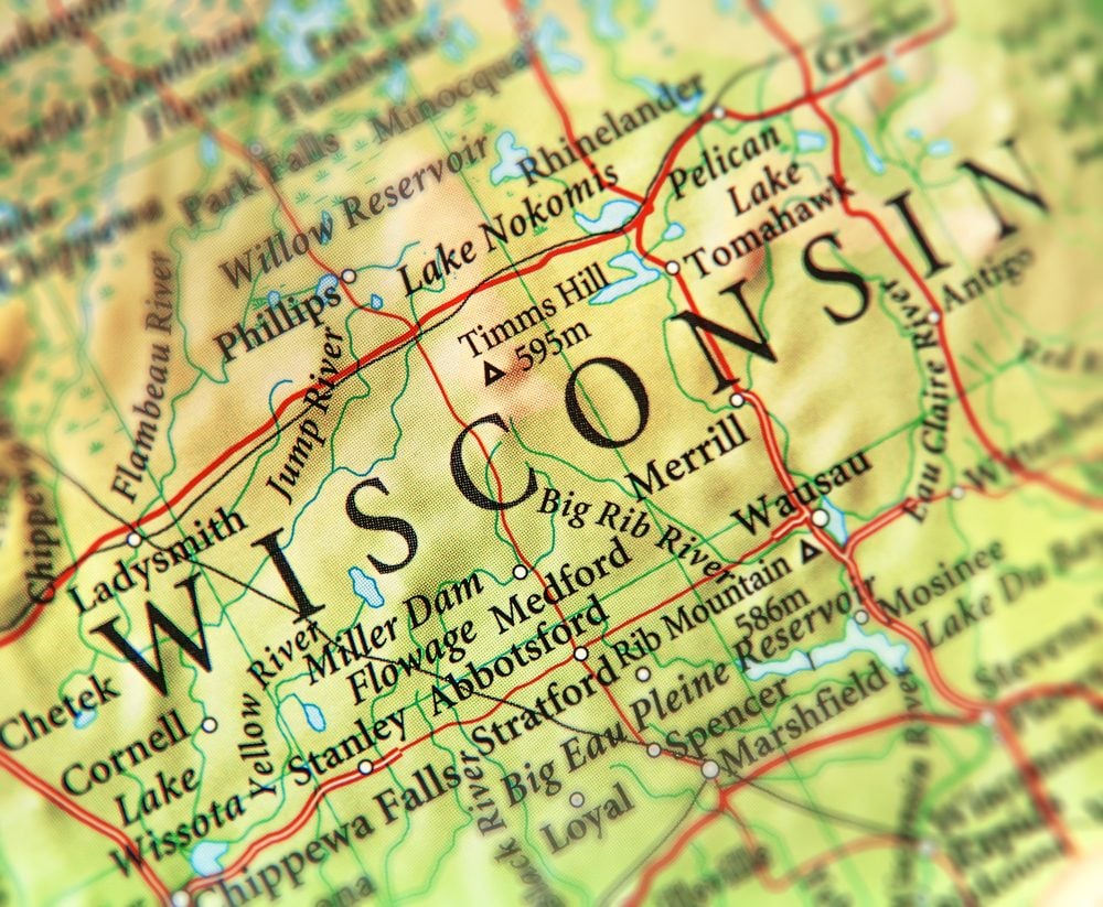 Geographic map of US state Wisconsin with important cities