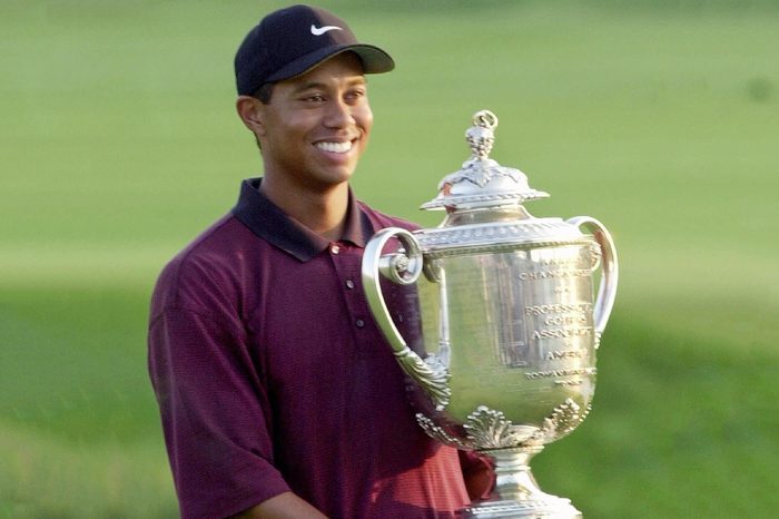 WOODS Tiger Woods holds up the Wanamaker Trophy after winning the PGA Championship over Bob May in a three-hole playoff, at the Valhalla Golf Club in Louisville, Ky
