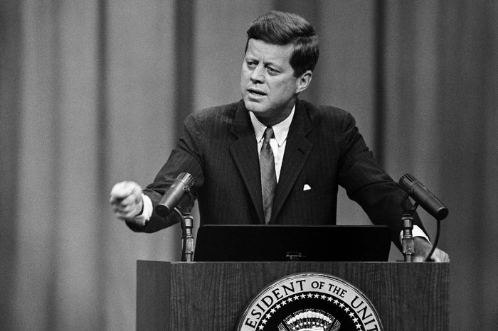 John Kennedy, JFK President John F. Kennedy answers a question during his news conference at the State Department auditorium in Washington on