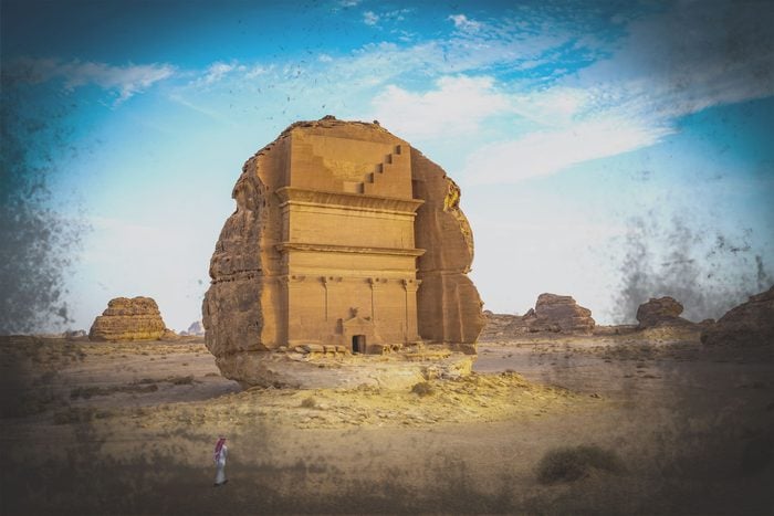Tomb of Lihyan, son of Kuza, in northwestern Saudi Arabia with a dark vignette on the image to represent danger