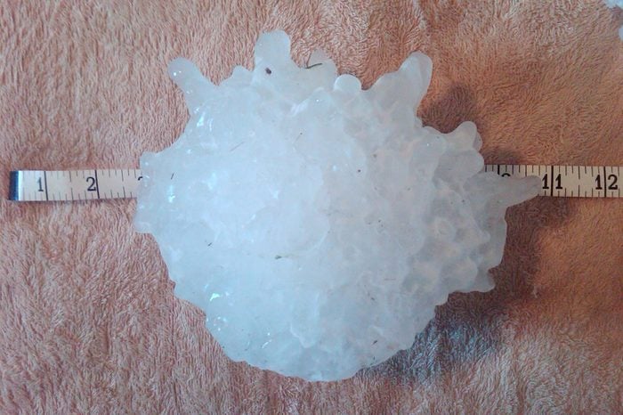 A record-setting hailstone that fell in Vivian, South Dakota on July 23, 2010. The hailstone broke the United States records for largest hailstone by diameter (8 inches) and weight (1 pound 15 ounces)