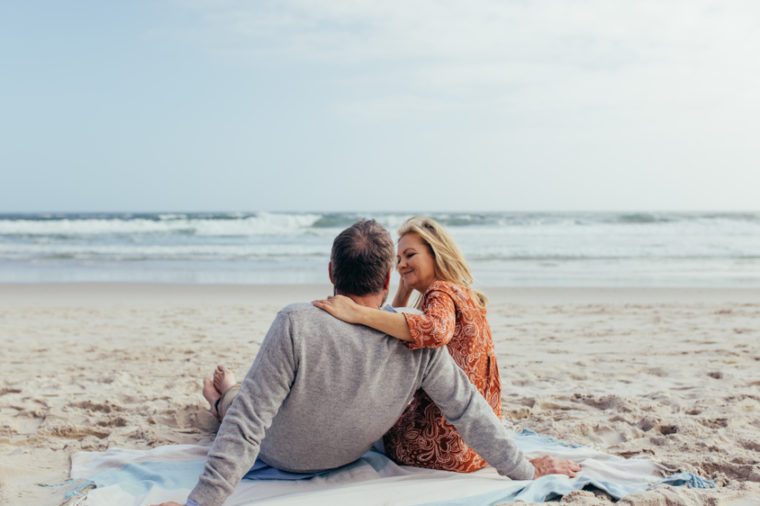 Rear view shot of mature man and woman sitting together on beach towel along the sea shore. Romantic senior couple relaxing on the beach.